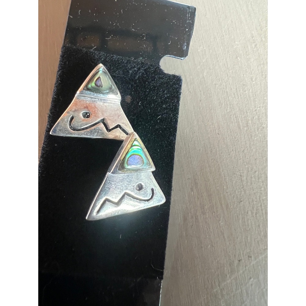 925 Sterling Silver Abalone Stud Earrings Geometric Etched Celestial Iridescent